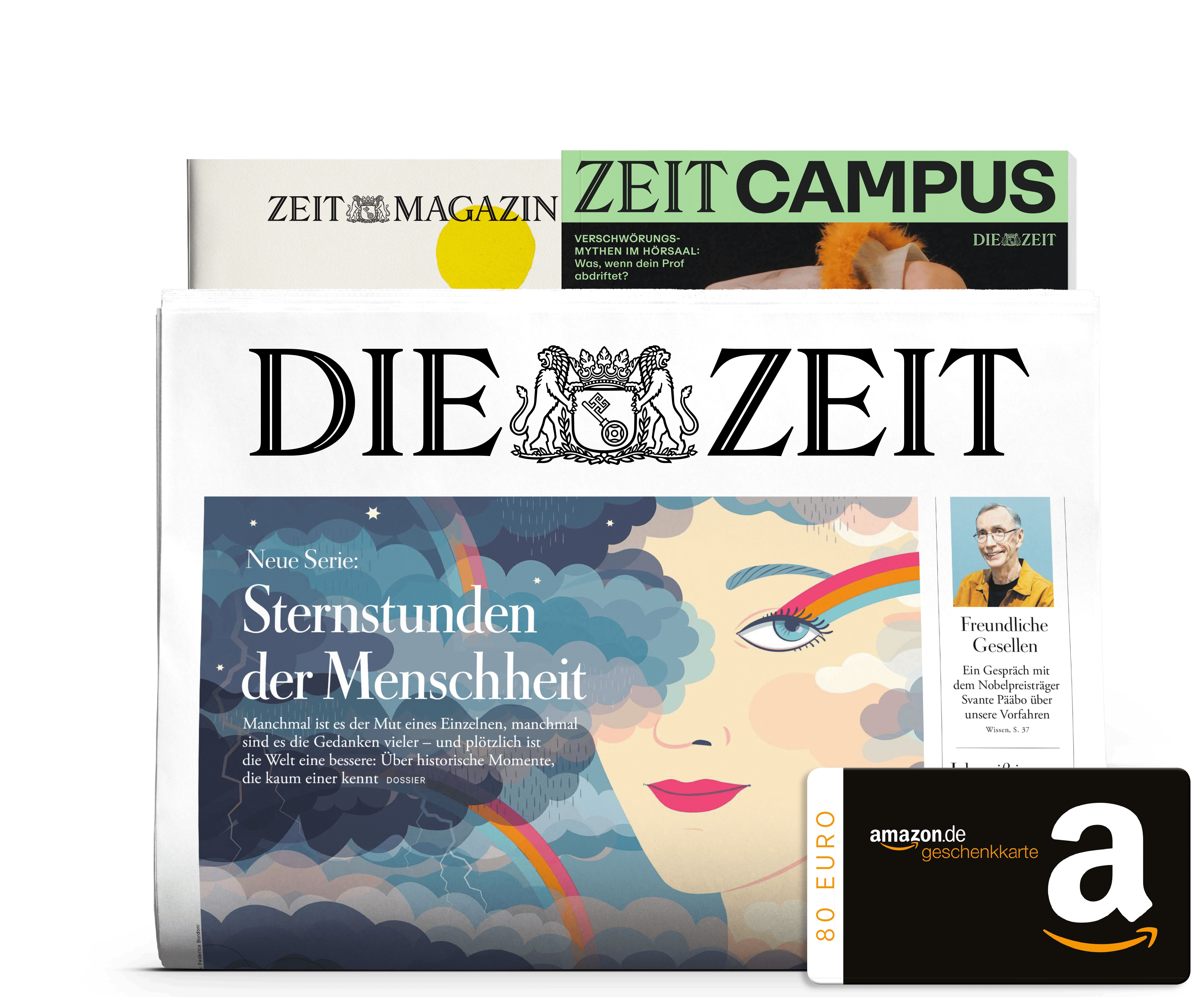 Titelcover von Die ZEIT Print und Zeit Magazin und Zeit Campus und dazu eine Amazon Geschenkkarte