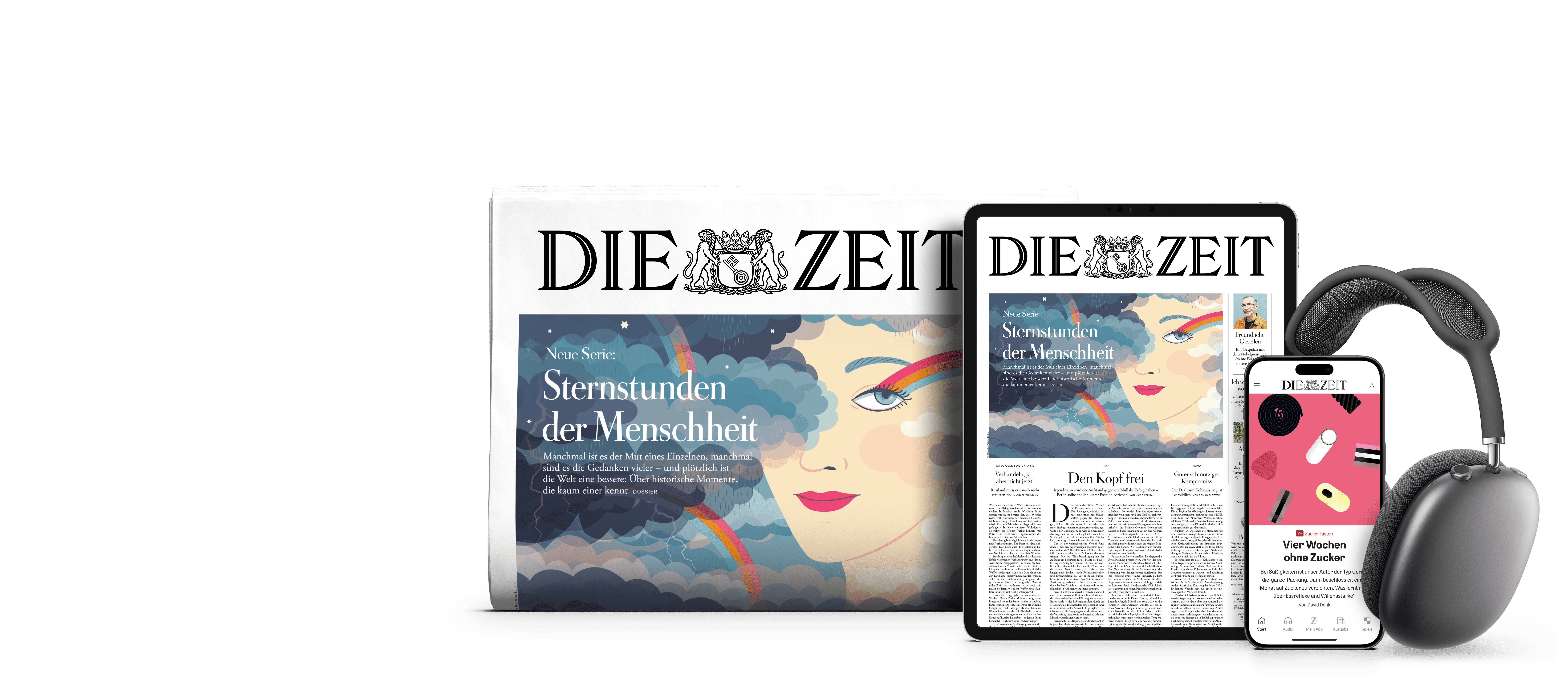 Titelcover von DIE ZEIT Print sowie DIE ZEIT Digital auf Tablet und Smartphone und daneben sind Kopfhörer