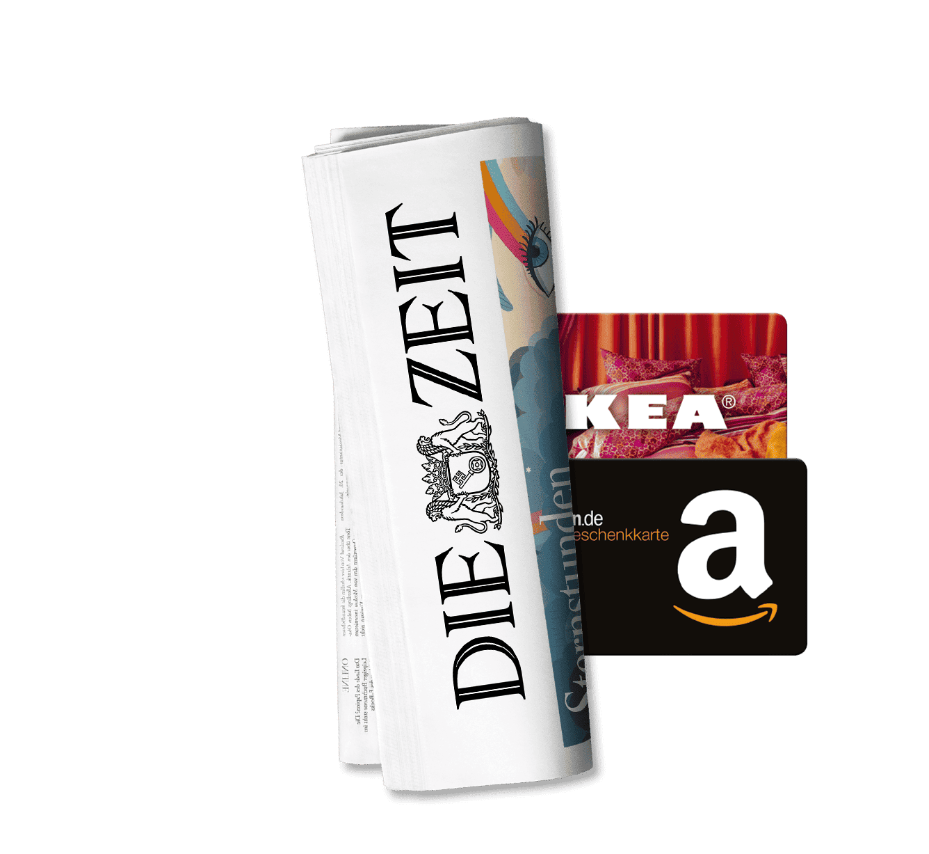 Titelcover als Zeitungsrolle von Die Zeit und daneben sind Gutscheinkarten von Ikea und Amazon