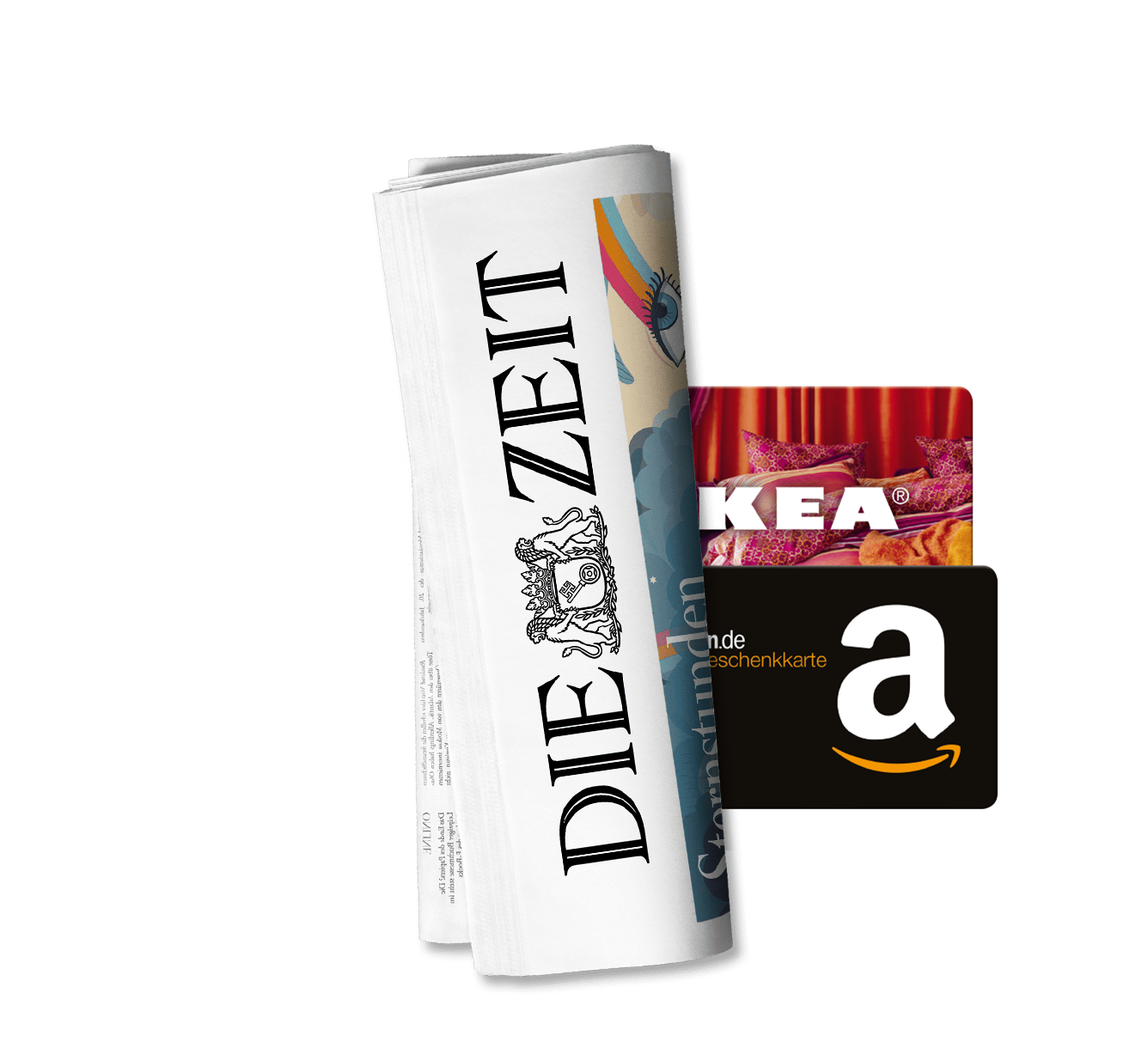 Titelcover als Zeitungsrolle von Die Zeit und daneben sind Gutscheinkarten von Ikea und Amazon