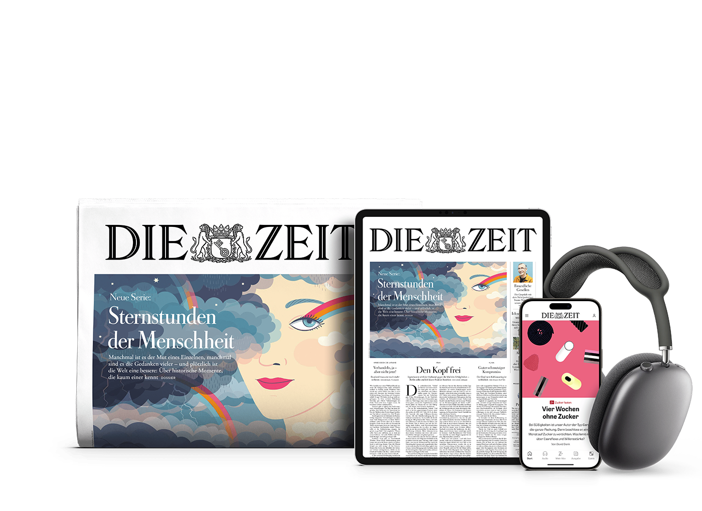 Titelcover von DIE ZEIT Print sowie DIE ZEIT Digital auf Tablet und Smartphone und daneben sind Kopfhörer