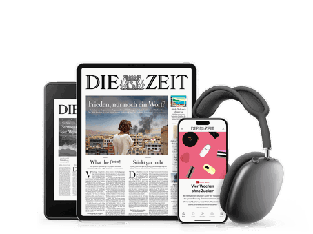 Titelcover von DIE ZEIT Digital auf E Reader Tablet und Smartphone und daneben sind Kopfhörer